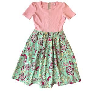 Lularoe Women’s Short Sleeve Screw Neck Knee Length Dress size XS, Pink & green